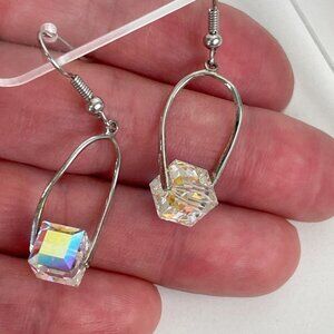 Sterling Silver Earrings With Aurora Borealis Cube Crystal Dangling Drop AB .925